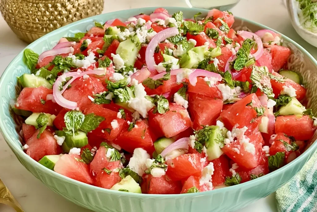 Watermelon Cucumber Salad on a Colorful Plate