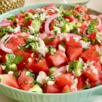 Watermelon Cucumber Salad on a Colorful Plate