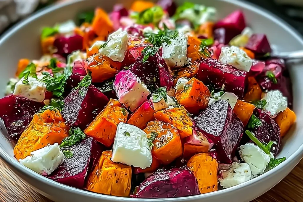 Autumn Glow Salad with Beets, Sweet Potatoes & Feta Bowl