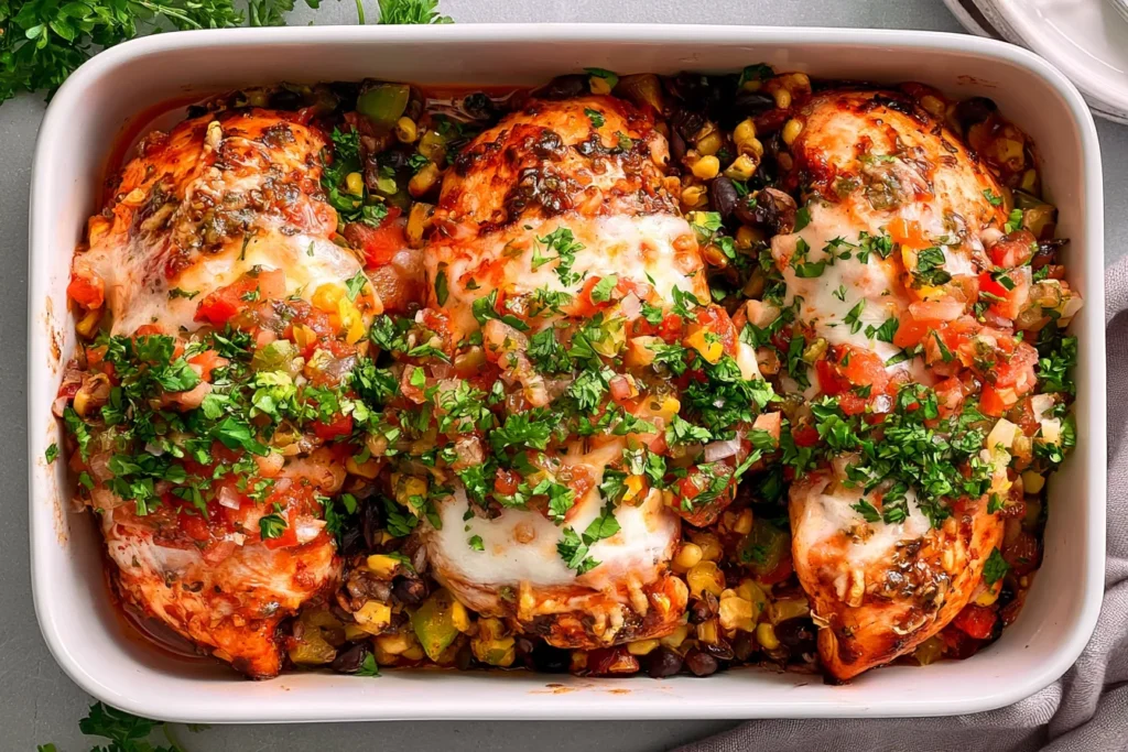 Baked Salsa Chicken Plated with Fresh Ingredients