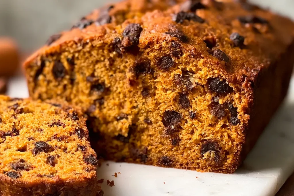 Chocolate Chip Pumpkin Bread Slice on a Wooden Table
