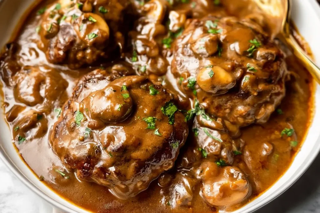 Easy Salisbury Steak Served With Gravy and Mashed Potatoes