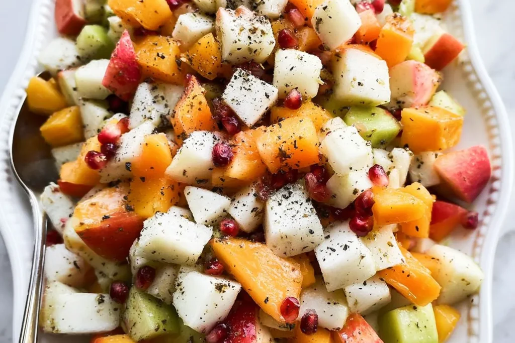 Colorful Fall and Winter Fruit Salad in a Rustic Bowl