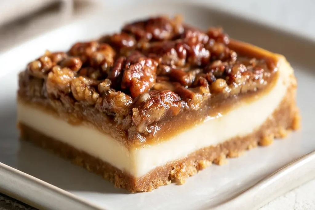 Irresistible Pecan Pie Cheesecake on a Serving Plate