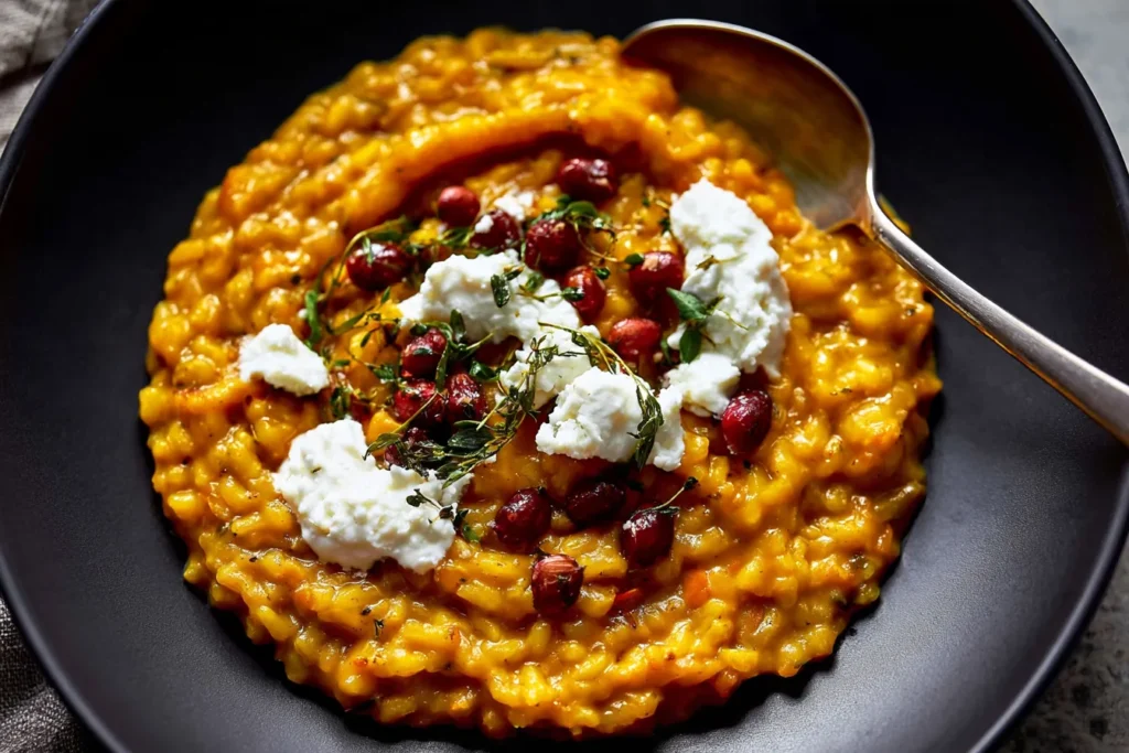 Delicious Pumpkin Risotto with Goat Cheese on a Plate