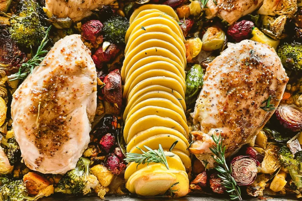 Sheet Pan Maple Mustard Chicken with Fall Vegetables Ready to Serve