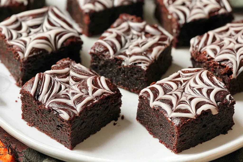 Spiderweb Brownies: Irresistibly Spooky & Delicious Treats 3 Spiderweb Brownies on a Halloween Plate