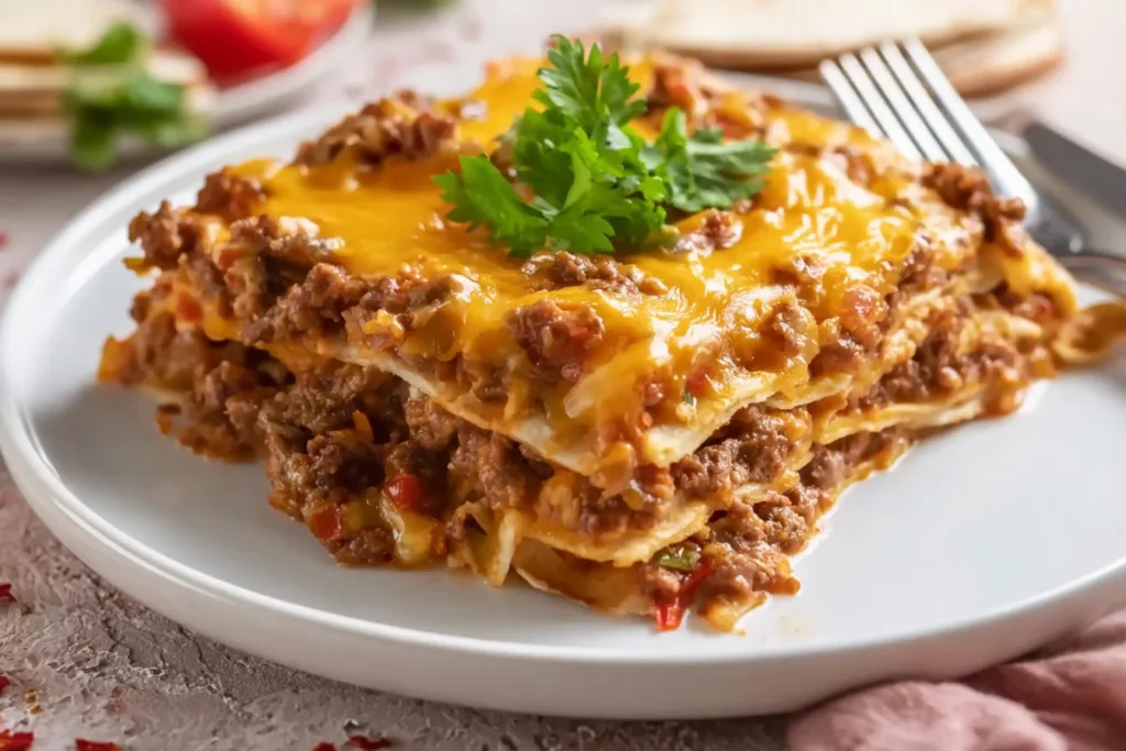Delicious Taco Casserole With Tortillas Ready to Serve